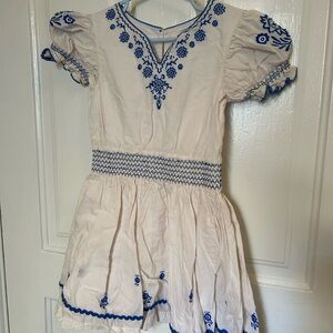 Mini Boden White Dress with Blue Floral Embroidery and Scalloped Trim